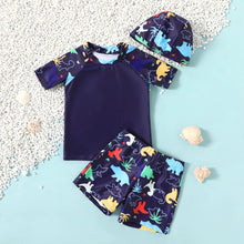 Load image into Gallery viewer, Kids Boy 3pc Dinosaur Top Shorts Cap Swimsuit Set
