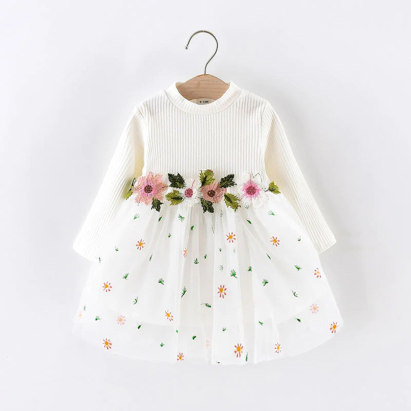 White Ribbed Long-sleeve Floral Embroidered Mesh Dress