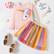 Load image into Gallery viewer, Kids Girl Unicorn Print Long-sleeve Tee and Colorful Mesh Skirt Set
