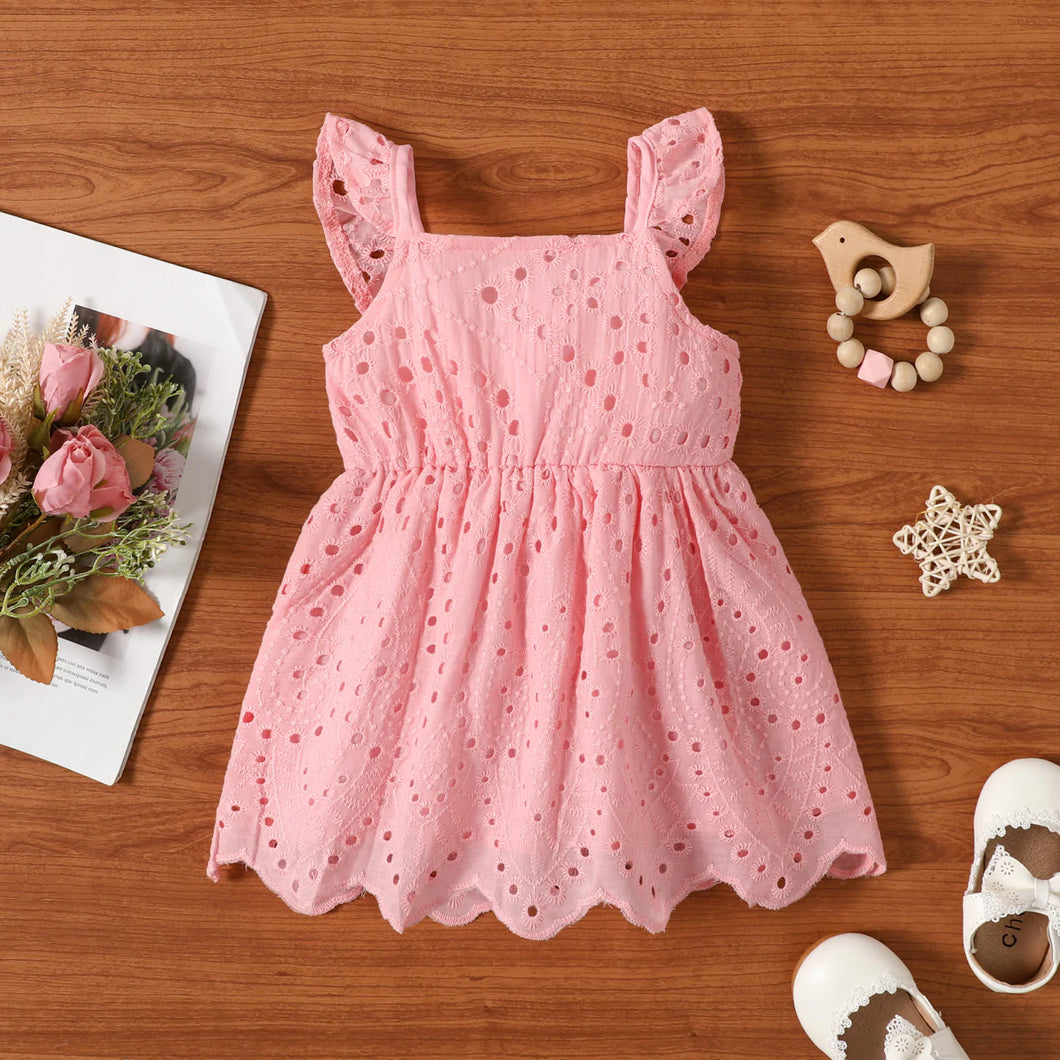 Baby Girl Cotton Hollow Out Embroidered Flutter Sleeve Dress