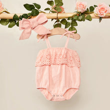 Load image into Gallery viewer, Baby Girl Sleeveless 2pc Solid Ruffled Romper and Headband Set
